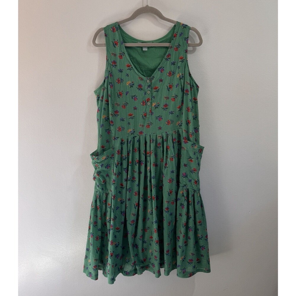 Vintage April Cornell Shirt Dress XL Midi Green Floral Cotton Gauze Pockets